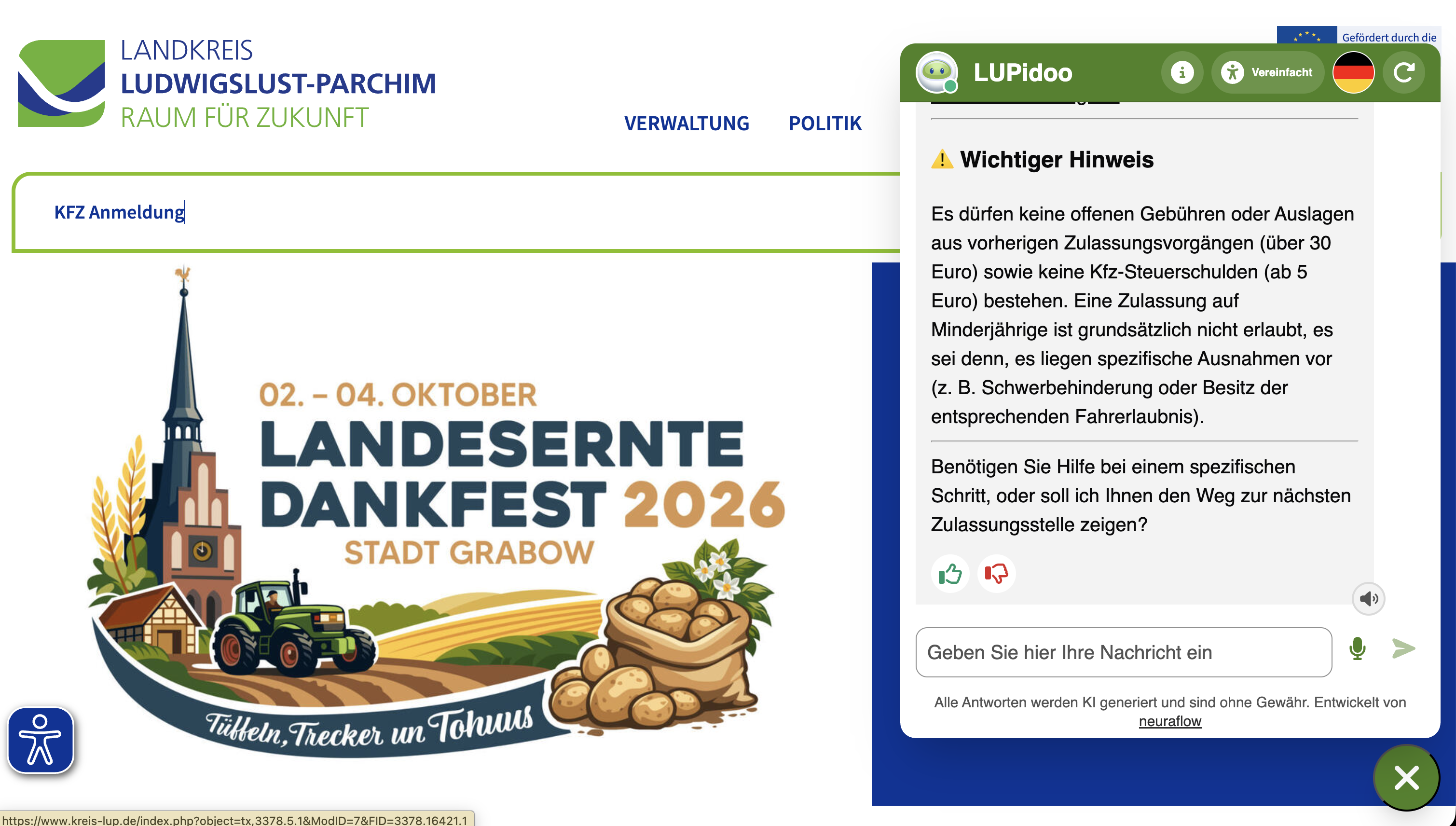 Suchleiste des Landkreises Ludwigslust-Parchim, verbunden mit dem neurabot