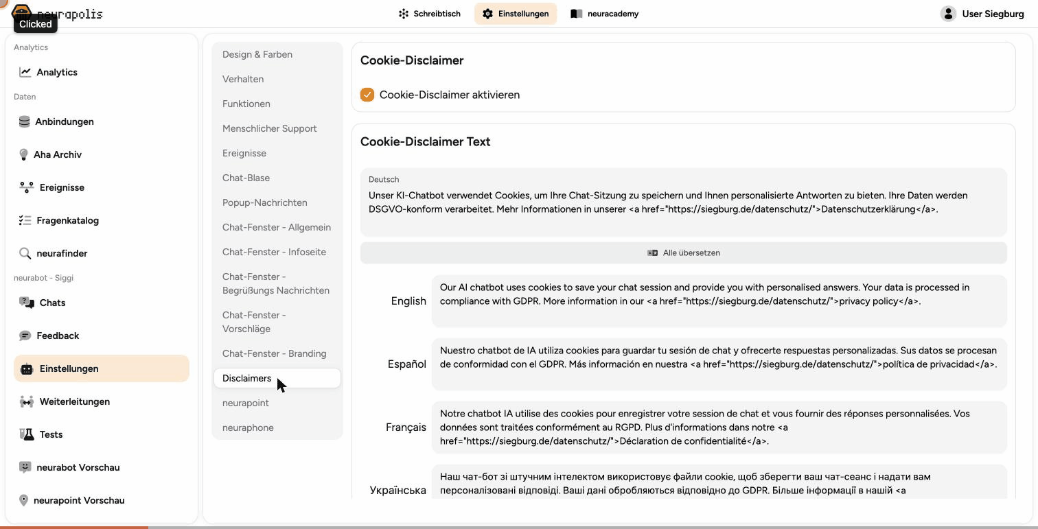 User-Journey: Disclaimers aktivieren → Integration → Code kopieren